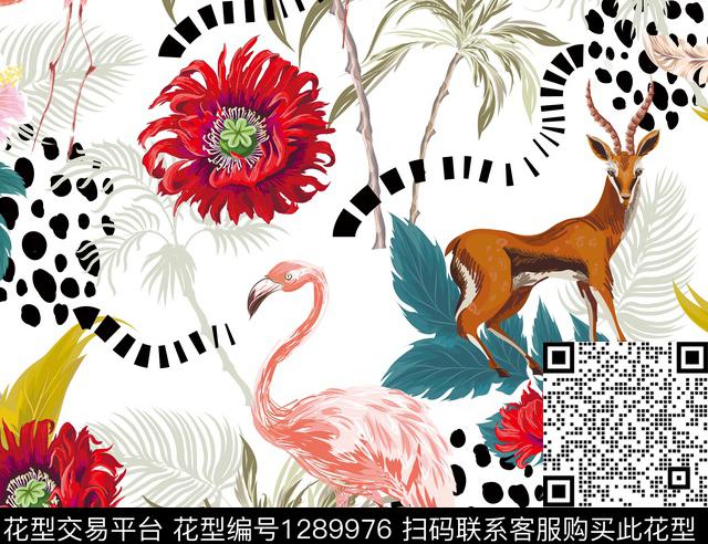 鹿动物花卉传统印花华亿平台下载（图片编号: 1289976） - 瓦栏（Walan）