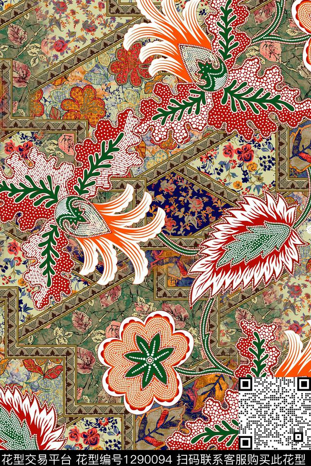 复古抽象花卉民族花卉数码印花华亿平台下载（图片编号: 1290094） - 瓦栏（Walan）