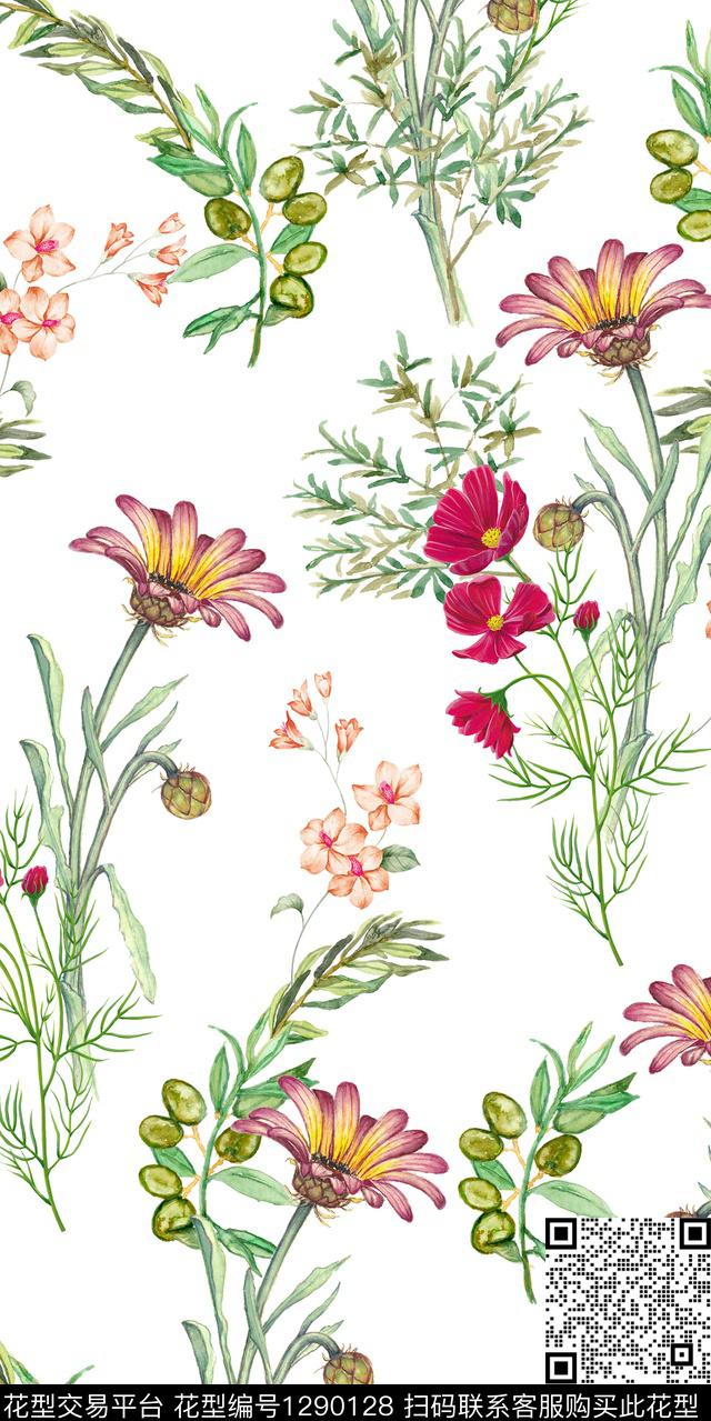 手绘花卉满版散花大牌风数码印花华亿平台下载（图片编号: 1290128） - 瓦栏（Walan）
