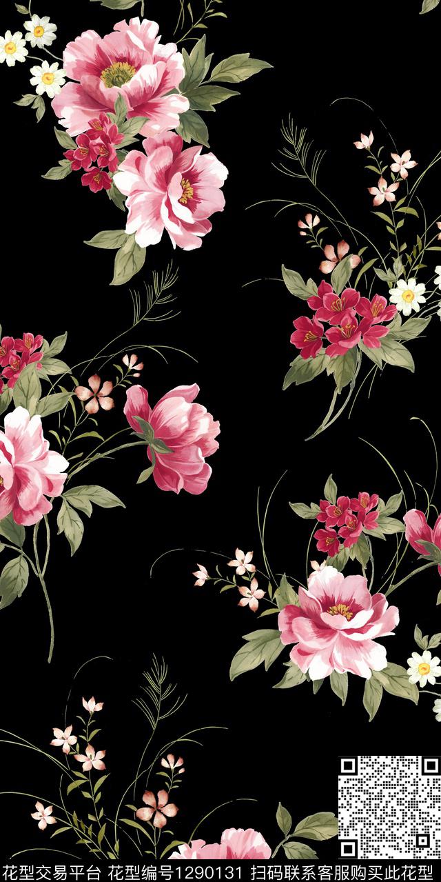 大花手绘花卉黑底花卉数码印花华亿平台下载（图片编号: 1290131） - 瓦栏（Walan）