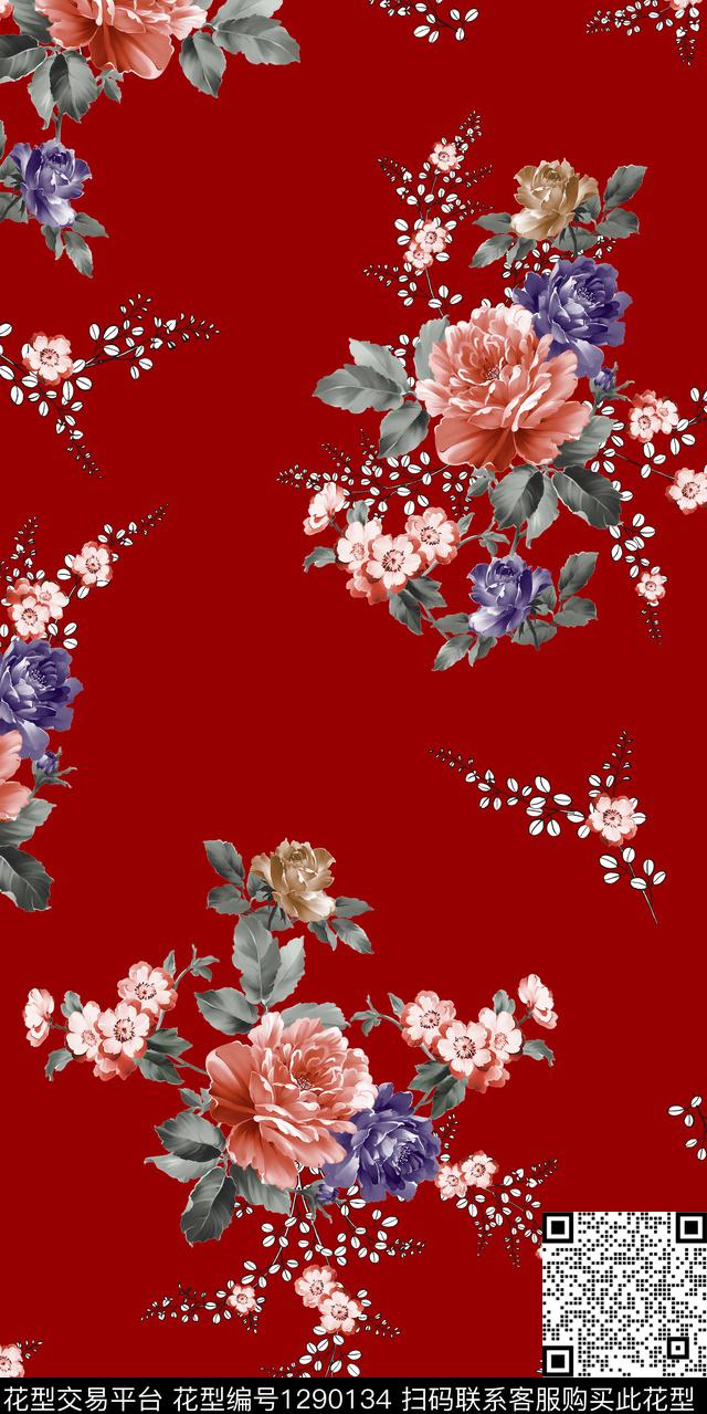 大花手绘花卉彩底花卉数码印花华亿平台下载（图片编号: 1290134） - 瓦栏（Walan）
