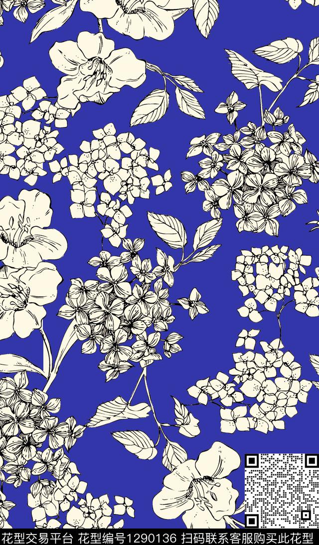花卉大花单色传统印花华亿平台下载（图片编号: 1290136） - 瓦栏（Walan）