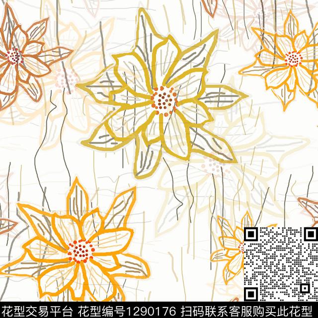 花卉小碎花手绘线条笔触传统印花华亿平台下载（图片编号: 1290176） - 瓦栏（Walan）