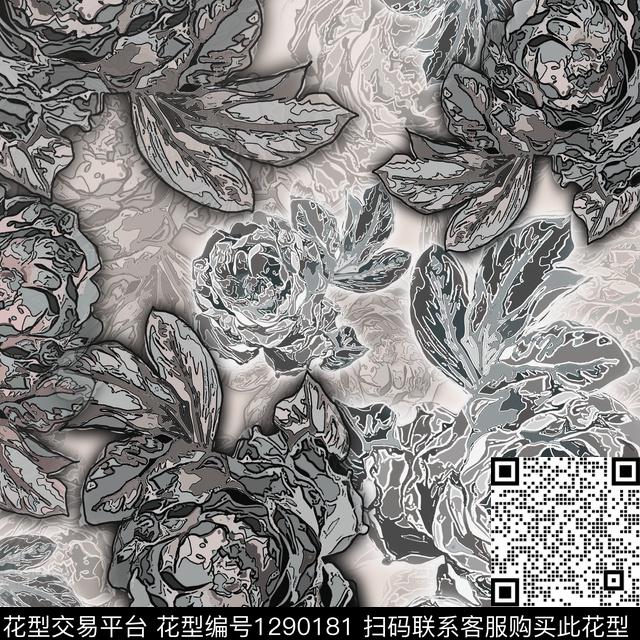 花卉抽象手绘线条笔触数码印花华亿平台下载（图片编号: 1290181） - 瓦栏（Walan）