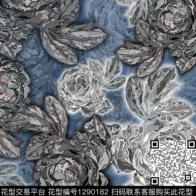 花卉抽象手绘线条笔触数码印花华亿平台下载（图片编号: 1290182） - 瓦栏（Walan）