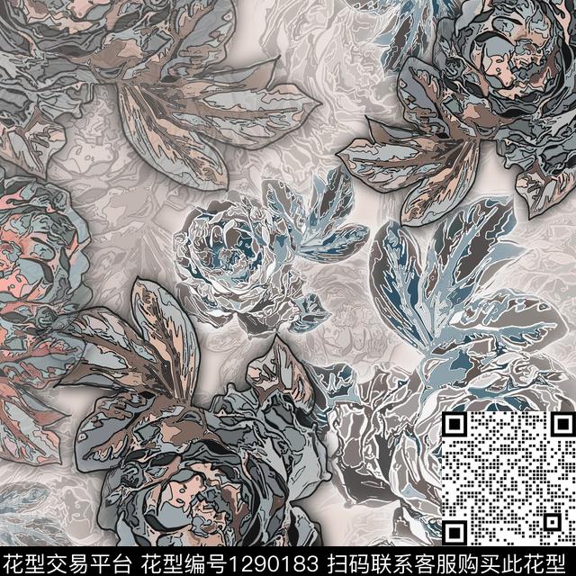 花卉抽象手绘线条笔触数码印花华亿平台下载（图片编号: 1290183） - 瓦栏（Walan）