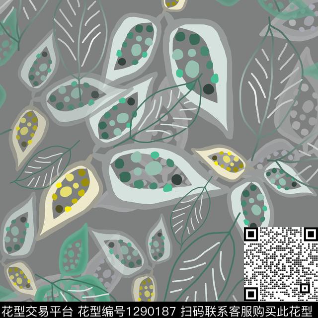 手绘线条笔触树叶组合圆圈与波点传统印花华亿平台下载（图片编号: 1290187） - 瓦栏（Walan）