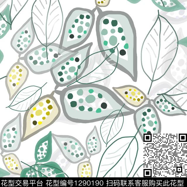 手绘线条笔触树叶组合圆圈与波点传统印花华亿平台下载（图片编号: 1290190） - 瓦栏（Walan）