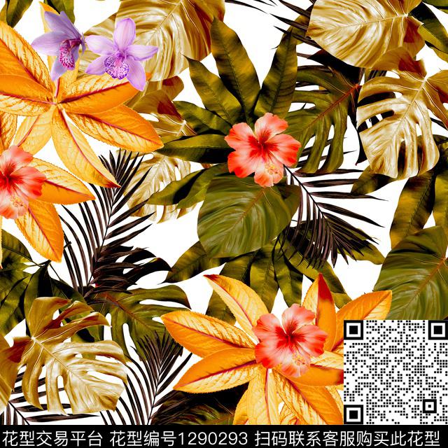 花卉白底花热带华亿平台数码印花华亿平台下载（图片编号: 1290293） - 瓦栏（Walan）