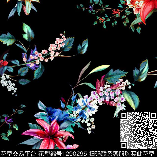 花卉百合黑底花卉数码印花华亿平台下载（图片编号: 1290295） - 瓦栏（Walan）