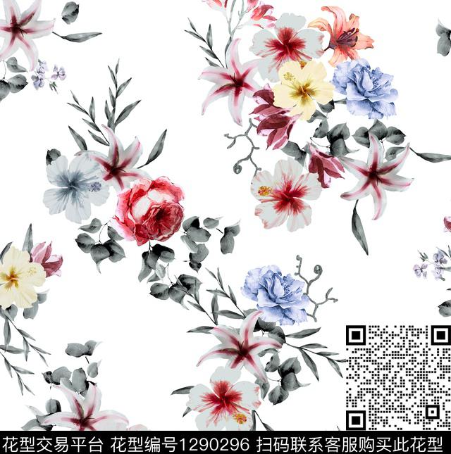 花卉百合白底花数码印花华亿平台下载（图片编号: 1290296） - 瓦栏（Walan）