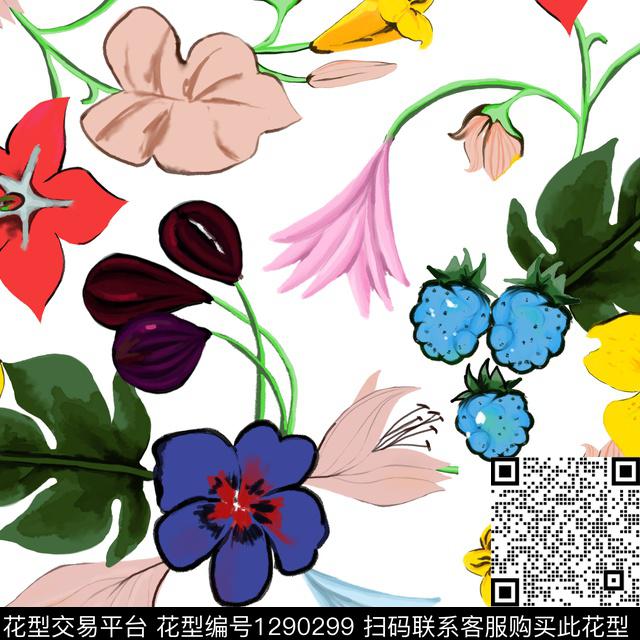 花卉手绘白底花数码印花华亿平台下载（图片编号: 1290299） - 瓦栏（Walan）
