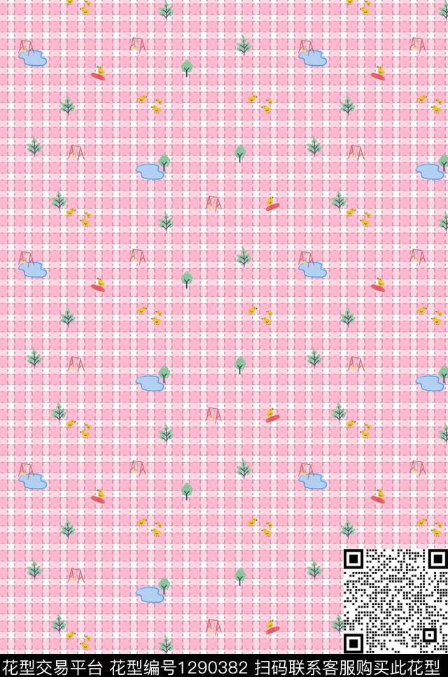 格子卡通满版散花数码印花华亿平台下载（图片编号: 1290382） - 瓦栏（Walan）