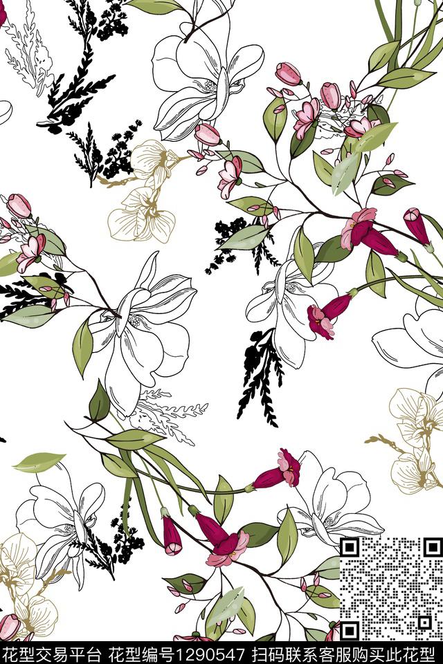 涂鸦几何花卉数码印花华亿平台下载（图片编号: 1290547） - 瓦栏（Walan）