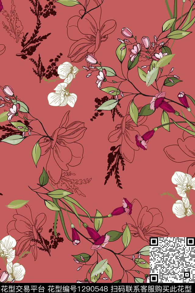 涂鸦几何花卉数码印花华亿平台下载（图片编号: 1290548） - 瓦栏（Walan）