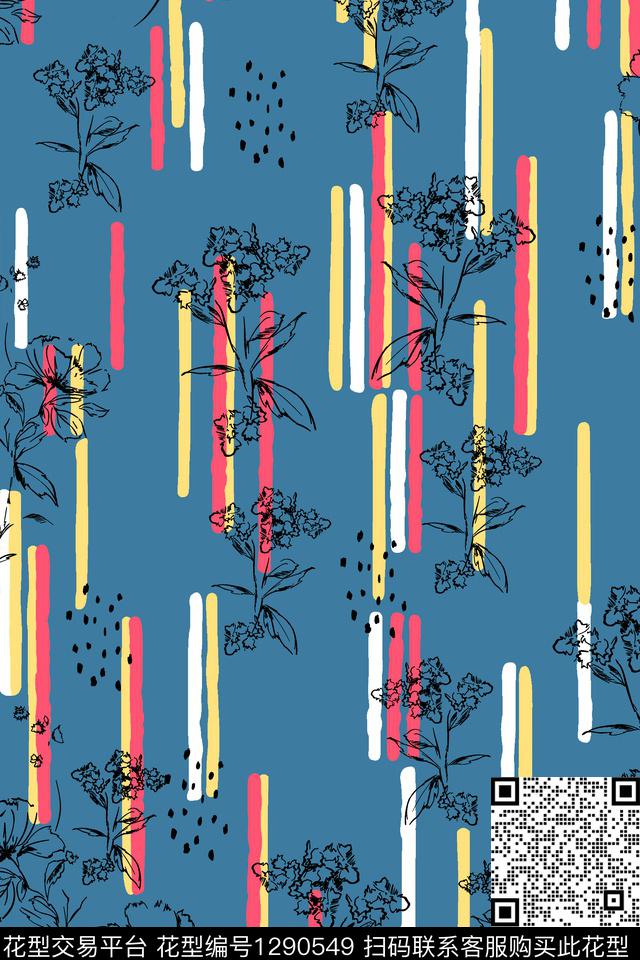 涂鸦几何花卉数码印花华亿平台下载（图片编号: 1290549） - 瓦栏（Walan）