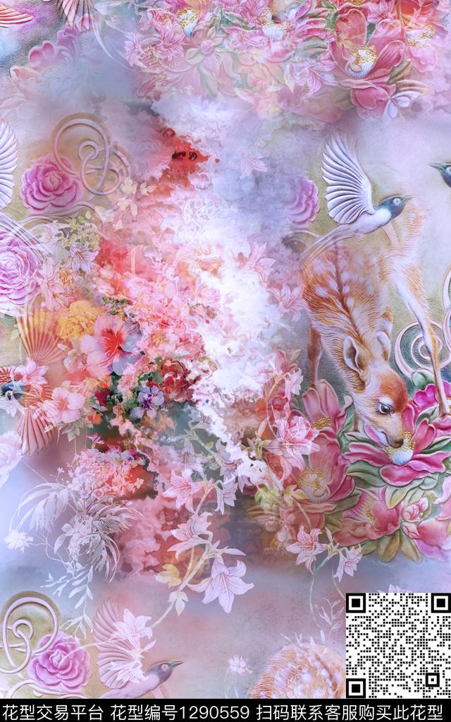 图案——服饰图案——面料图案——花卉数码印花华亿平台下载（图片编号: 1290559） - 瓦栏（Walan）