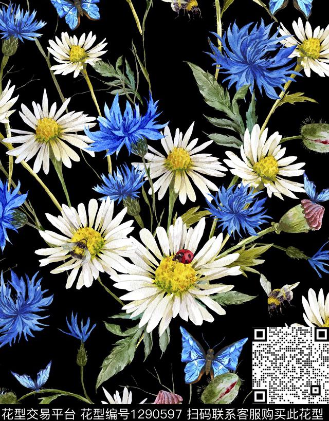 黑底花卉水彩蒲公英数码印花华亿平台下载（图片编号: 1290597） - 瓦栏（Walan）