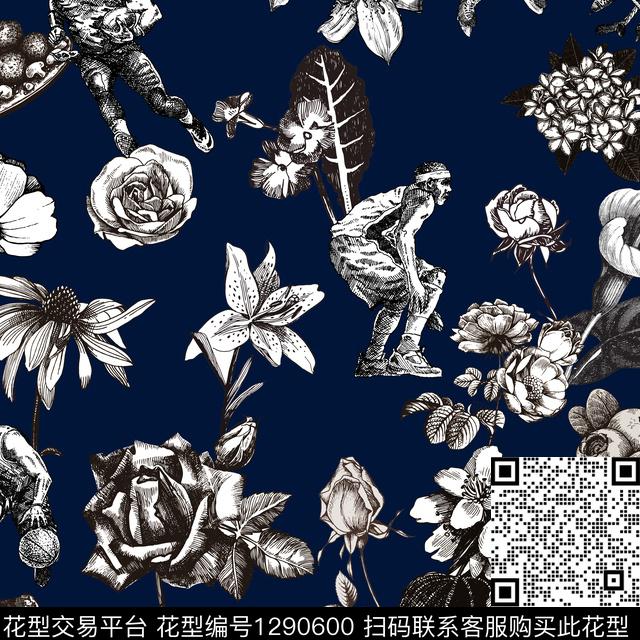 花卉手绘老蓝底数码印花华亿平台下载（图片编号: 1290600） - 瓦栏（Walan）