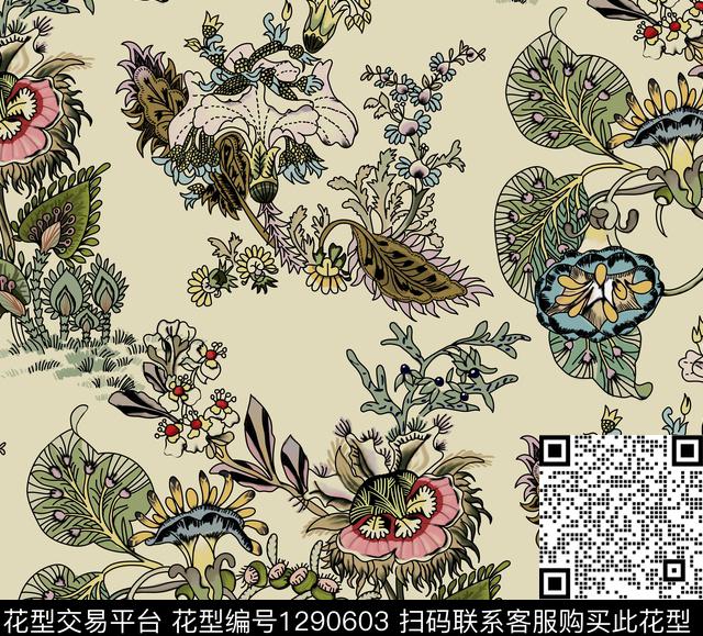 复古花卉米色底数码印花华亿平台下载（图片编号: 1290603） - 瓦栏（Walan）