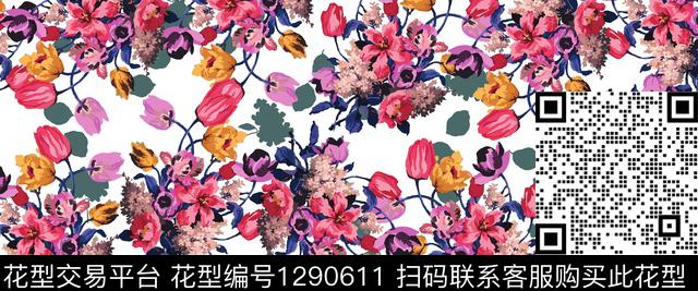 花卉抽象白底花数码印花华亿平台下载（图片编号: 1290611） - 瓦栏（Walan）