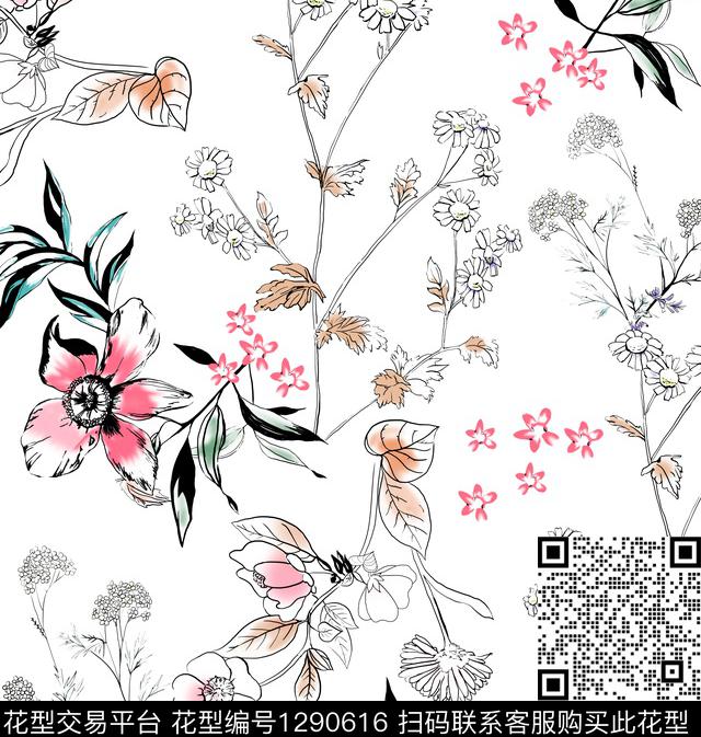 花卉手绘白底花数码印花华亿平台下载（图片编号: 1290616） - 瓦栏（Walan）