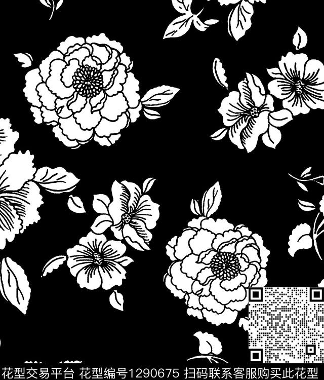 花卉春夏华亿平台黑白华亿平台传统印花华亿平台下载（图片编号: 1290675） - 瓦栏（Walan）