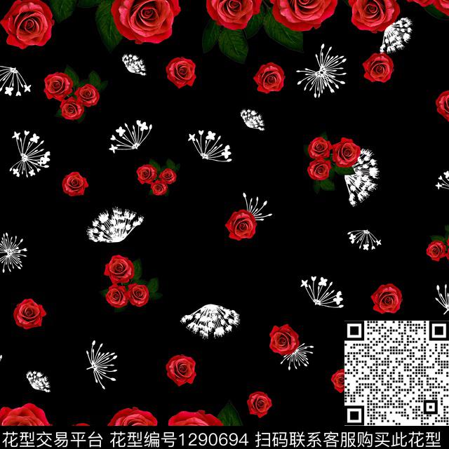 花卉玫瑰花黑底花卉数码印花华亿平台下载（图片编号: 1290694） - 瓦栏（Walan）
