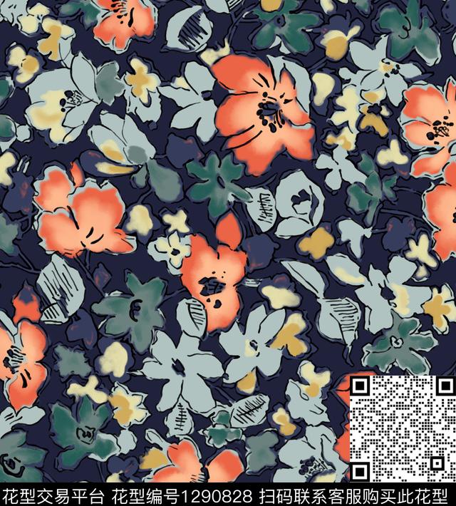 抽象花卉水彩花卉涂鸦花卉数码印花华亿平台下载（图片编号: 1290828） - 瓦栏（Walan）