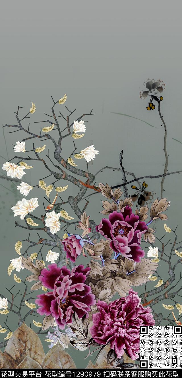 定位花花卉中国风数码印花华亿平台下载（图片编号: 1290979） - 瓦栏（Walan）