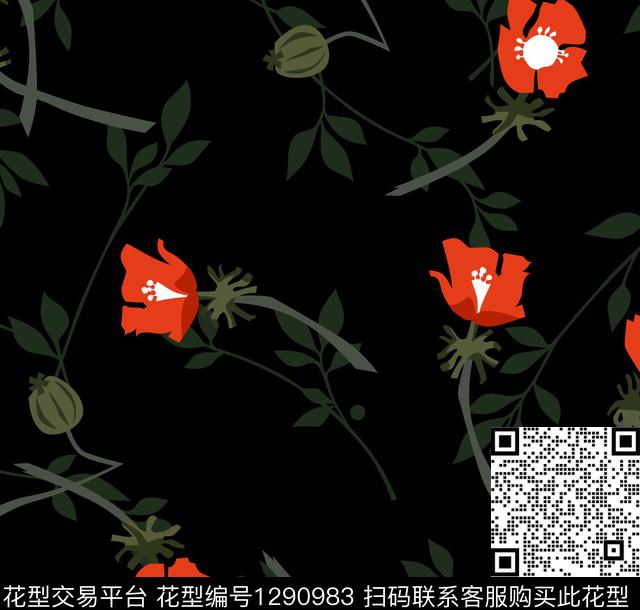 黑底花卉抽象花卉花卉数码印花华亿平台下载（图片编号: 1290983） - 瓦栏（Walan）