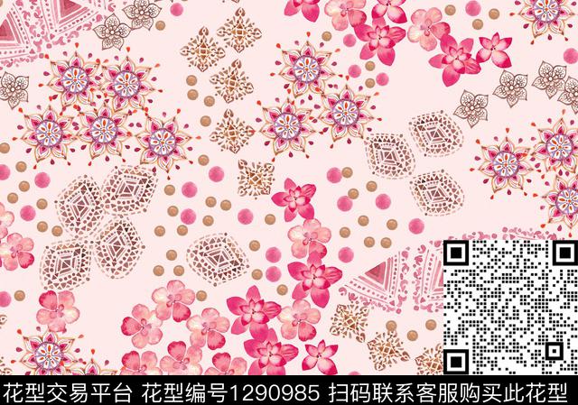 趋势华亿平台民族风花卉数码印花华亿平台下载（图片编号: 1290985） - 瓦栏（Walan）