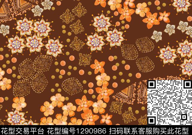 趋势华亿平台民族风花卉数码印花华亿平台下载（图片编号: 1290986） - 瓦栏（Walan）