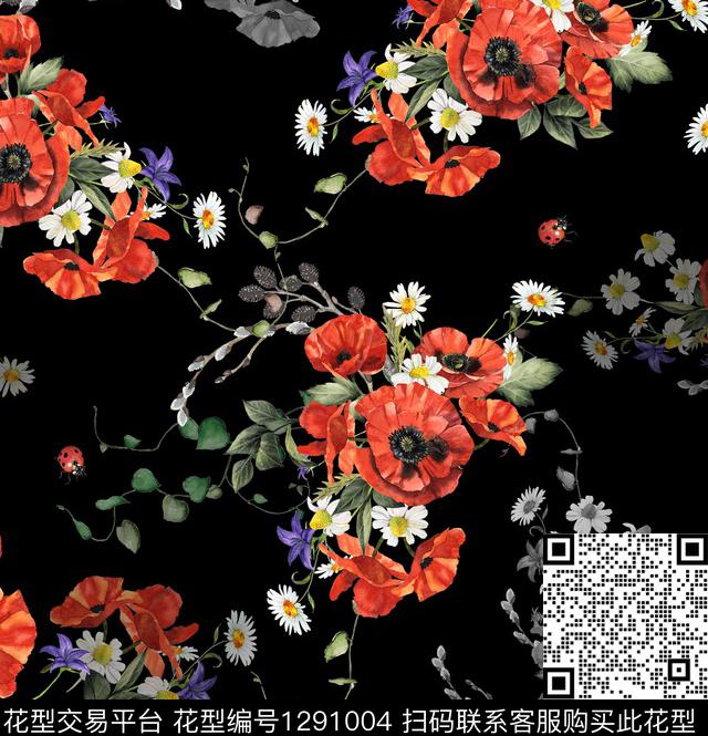 黑底花卉春夏华亿平台大牌风数码印花华亿平台下载（图片编号: 1291004） - 瓦栏（Walan）
