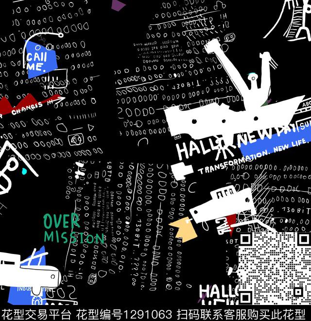 涂鸦抽象休闲数码印花华亿平台下载（图片编号: 1291063） - 瓦栏（Walan）