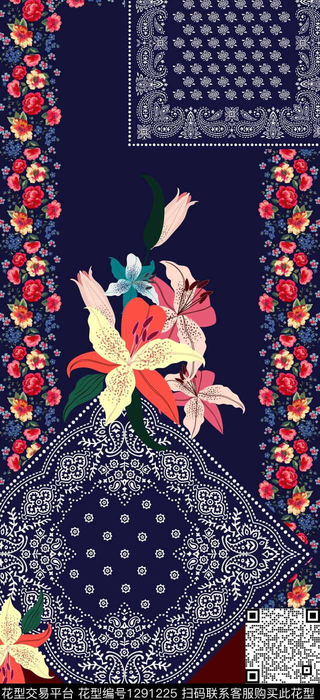 方巾花卉条纹数码印花华亿平台下载（图片编号: 1291225） - 瓦栏（Walan）