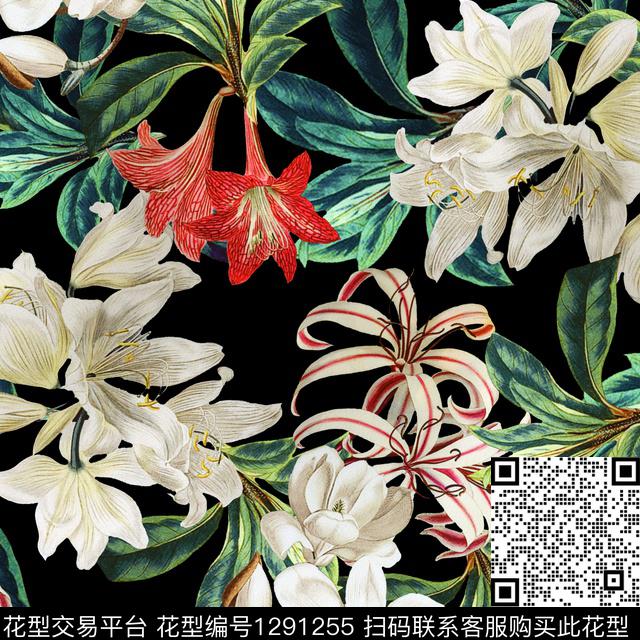 复古花卉黑底花卉数码印花华亿平台下载（图片编号: 1291255） - 瓦栏（Walan）