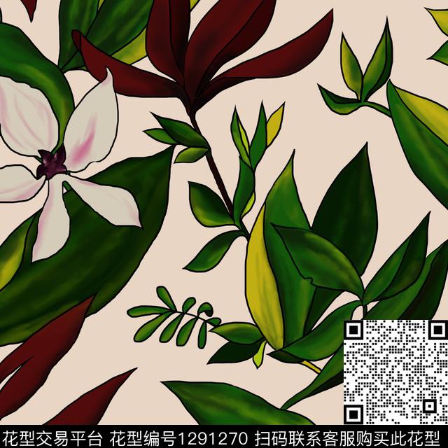 花卉抽象米色底数码印花华亿平台下载（图片编号: 1291270） - 瓦栏（Walan）