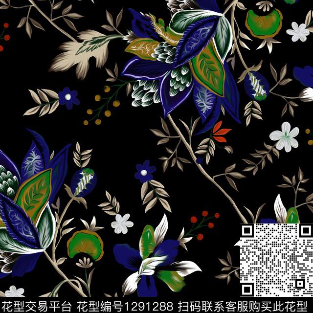 花卉手绘黑底花卉数码印花华亿平台下载（图片编号: 1291288） - 瓦栏（Walan）