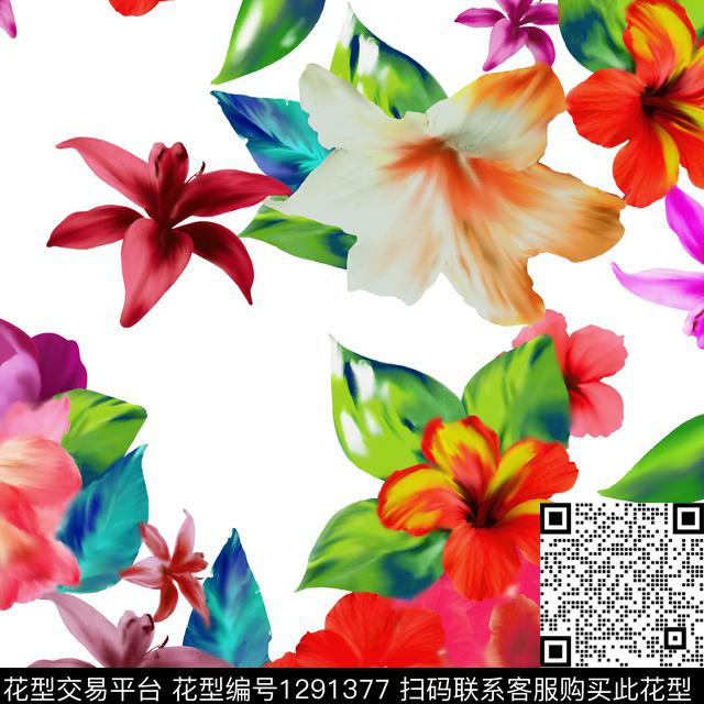 水彩花卉白底花数码印花华亿平台下载（图片编号: 1291377） - 瓦栏（Walan）