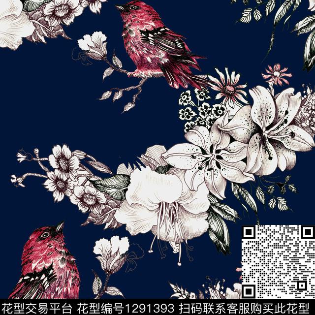 鸟花卉老蓝底数码印花华亿平台下载（图片编号: 1291393） - 瓦栏（Walan）