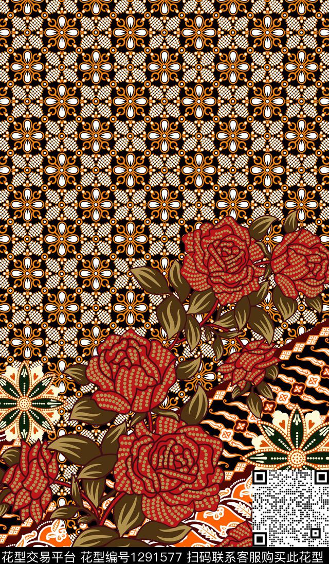 复古定位花几何数码印花华亿平台下载（图片编号: 1291577） - 瓦栏（Walan）