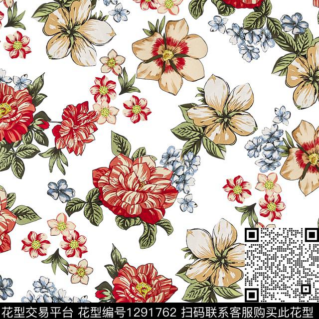 花卉手绘白底花数码印花华亿平台下载（图片编号: 1291762） - 瓦栏（Walan）