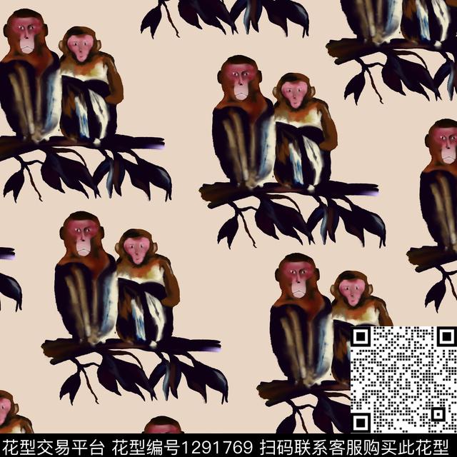 动物猴子水墨风数码印花华亿平台下载（图片编号: 1291769） - 瓦栏（Walan）