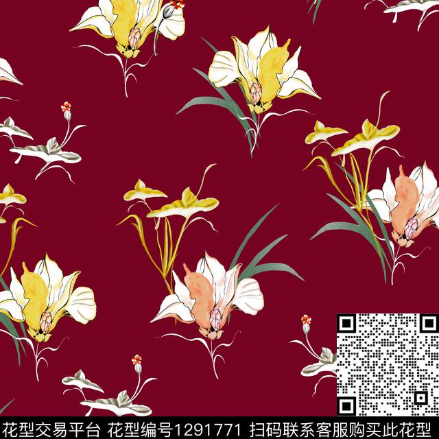 花卉酒红底野草数码印花华亿平台下载（图片编号: 1291771） - 瓦栏（Walan）