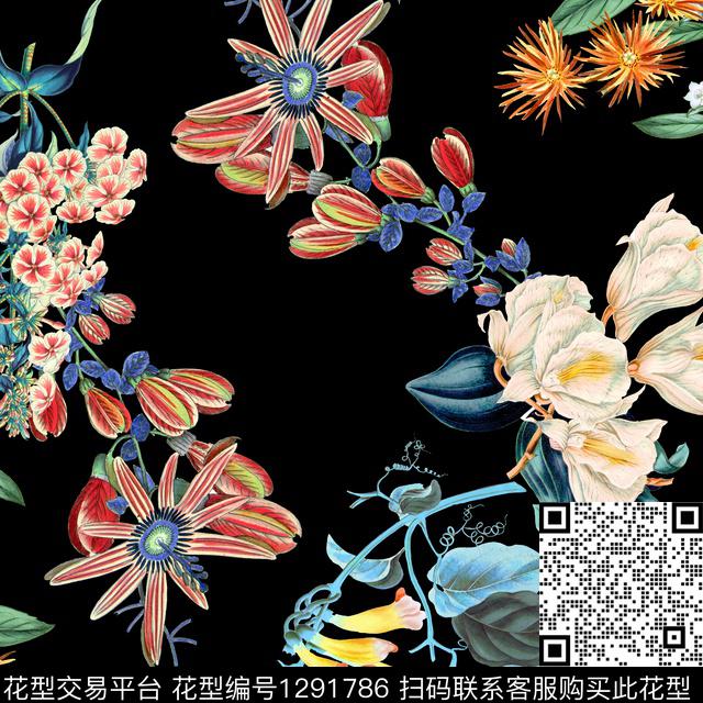复古花卉黑底花卉数码印花华亿平台下载（图片编号: 1291786） - 瓦栏（Walan）