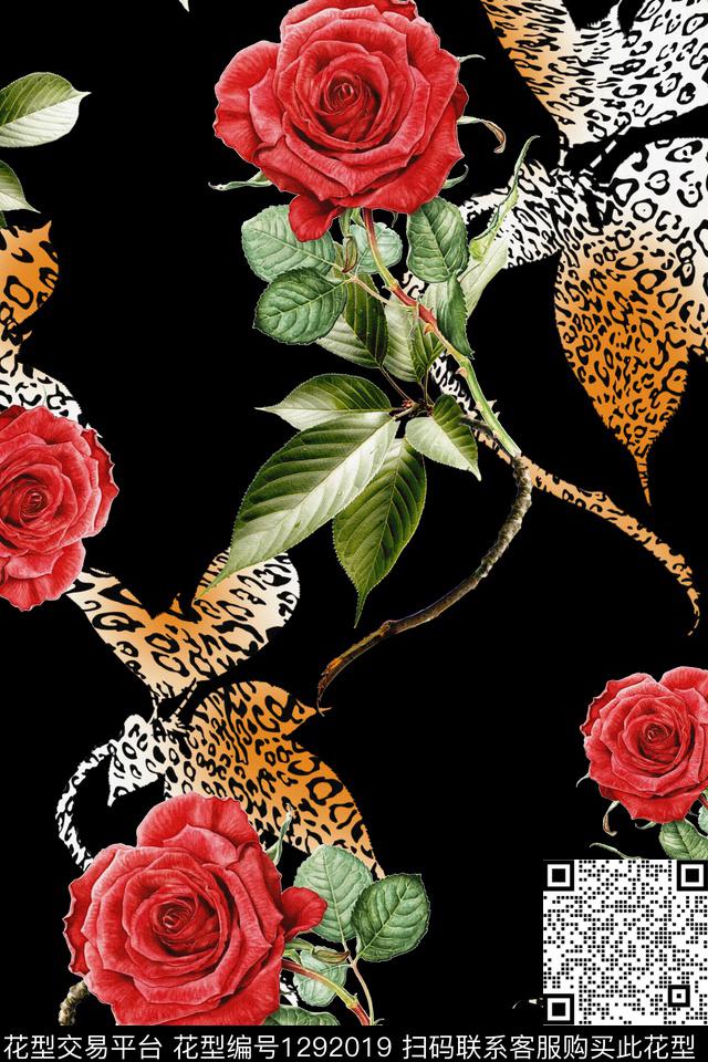 豹纹花卉大牌风数码印花华亿平台下载（图片编号: 1292019） - 瓦栏（Walan）