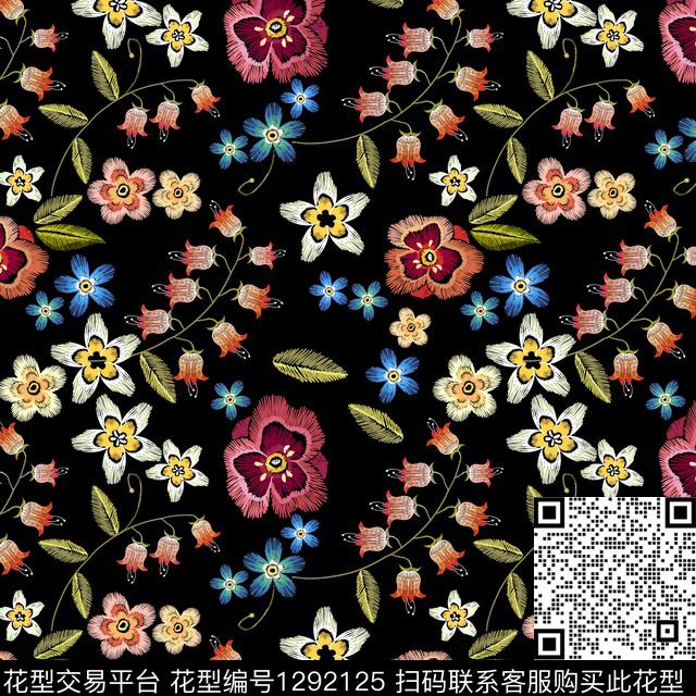 花卉小碎花黑底花卉数码印花华亿平台下载（图片编号: 1292125） - 瓦栏（Walan）