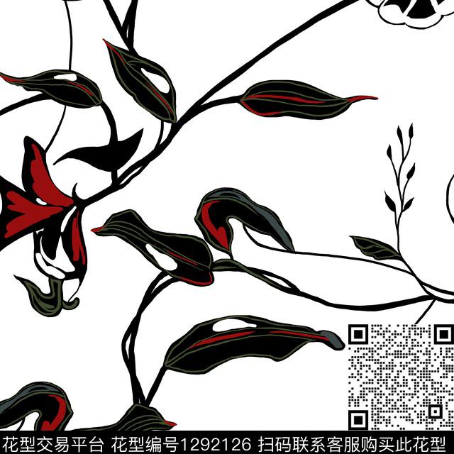绿植树叶白底花抽象数码印花华亿平台下载（图片编号: 1292126） - 瓦栏（Walan）