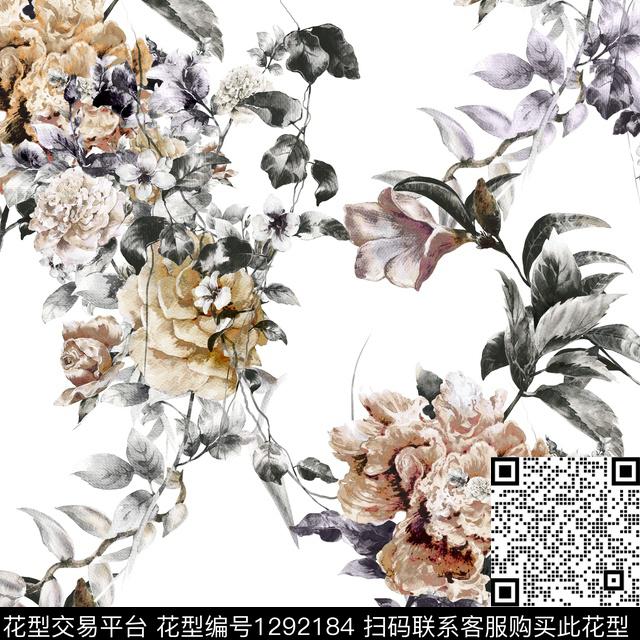 花卉白底花水墨风数码印花华亿平台下载（图片编号: 1292184） - 瓦栏（Walan）